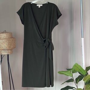Michael Kors Dark Green Wrap Midi Dress with Ring Tie